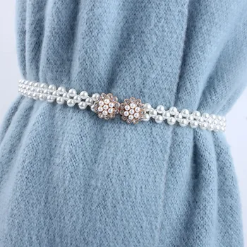 Panie kobiety biały stretch elastyczny pas drukowanie cienki łańcuch rozrządu perła rhinstone do sukni halka biżuteria moda pasa prezenty