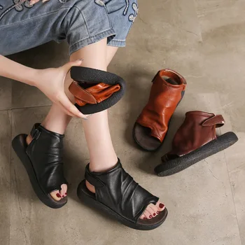 6068-21 nowe, oryginalne letnie skórzane buty ręcznie puste krótkie buty retro casual buty rzymskie sandały Damskie na płaskim obcasie