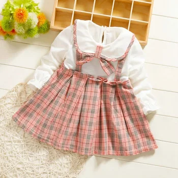 TGirls Sukienki Baby Girl Clothing Sweet Plaid Print Plisowana W Talii Z Długim Rękawem, Fałszywe 2 Szt. Lalka Kołnierz Sukienka Baby Sukienka