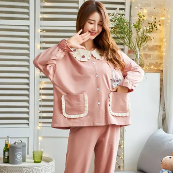 Księżniczka styl dziewczyny bawełniane piżamy wiosna i jesień nowy wolny duży rozmiar na zewnątrz wygodne strona odzież kobiety piżamy zestaw różowy