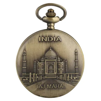 Indie Taj Mahal wyświetlacz brązowe eleganckie zegarki kieszonkowe topionego naszyjnik wiszący zegar pełna myśliwy z брелоком łańcucha sklep z przedmiotu