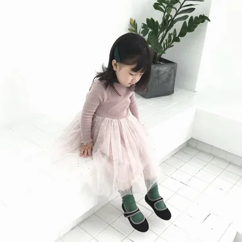 Wiosna jesień baby girls star mesh patchwork z długim rękawem sukni księżniczki koreański styl dziecięcy dzieci bawełna śliczne sukienki bluzki