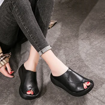 VALLU 2020 retro wygodne skośne pantofle na obcasie pierwsza warstwa skóry wołowej skóry ręcznie biszkopt buty damskie letnie sandały