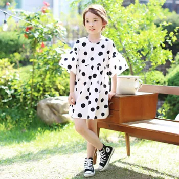 Korea style summer girl dress teens kids cotton polka dot cute dresses big girls fashion loose princess vestidos wiek 3-14 lat