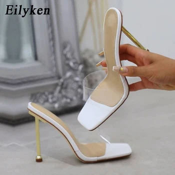 Eilyken Fashion Design Metal Stiletto Heels damskie pantofle letnie PVC przezroczyste galaretki sandały Damskie dla imprez z kwadratowym czubkiem