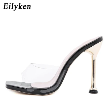 Eilyken Fashion Design Metal Stiletto Heels damskie pantofle letnie PVC przezroczyste galaretki sandały Damskie dla imprez z kwadratowym czubkiem