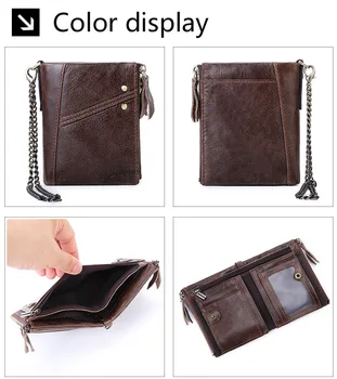 GENODERN Double Zipper Men Wallet with Metal Chain RFID Short Hasp for Man & Women wielofunkcyjne męskie portfele