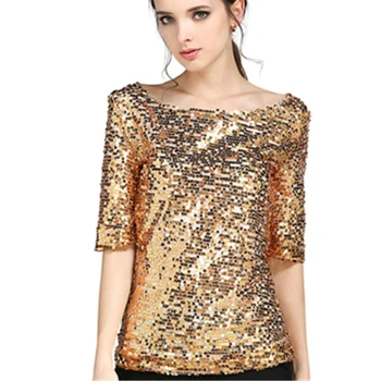 Bluzki damskie letnia moda Sexy cekiny haftowane rękawy Lady topy temat koszule złote Blusas plus rozmiar 5XL nowy