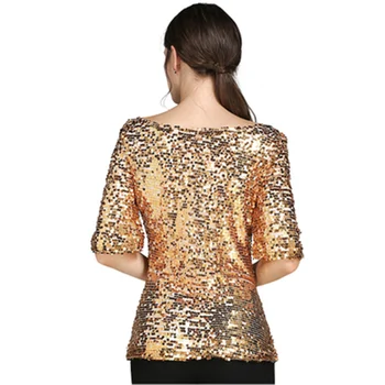 Bluzki damskie letnia moda Sexy cekiny haftowane rękawy Lady topy temat koszule złote Blusas plus rozmiar 5XL nowy