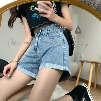 Szorty Damskie kołnierz podwójny przycisk Wysoka talia bezpośrednie temat proste stałe jeansowe krótkie spodnie dziewczyna na co dzień elegancki koreański styl