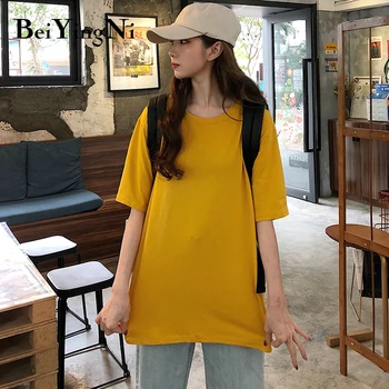 Beiyingni oversize Damskie koszulki Harajuku Plain Casual z długim rękawem O-neck Tshirt Women Korean 2021 Summer BF Tee Top M-4XL