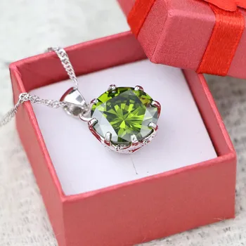 Srebro 925 okrągły wisiorek naszyjnik dla kobiet oliwkowo-zielona cyrkonia biały kryształ akcesoria ślubne