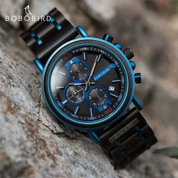 Relojes para hombre Top Brand BOBOBIRD zegarki męskie Wood Blue Date Chronograph Show Męskie kwarcowy zegarek w pudełku drewnianym