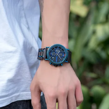 Relojes para hombre Top Brand BOBOBIRD zegarki męskie Wood Blue Date Chronograph Show Męskie kwarcowy zegarek w pudełku drewnianym