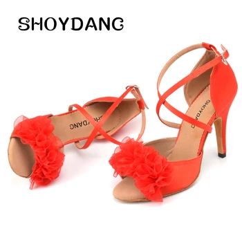 SHOYDANC nowy marka Latin dance butów kobiety Ladys balowe taneczne buty czerwony jedwabny kwiat Salsa buty taneczne taniec sandały