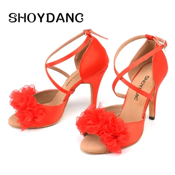 SHOYDANC nowy marka Latin dance butów kobiety Ladys balowe taneczne buty czerwony jedwabny kwiat Salsa buty taneczne taniec sandały
