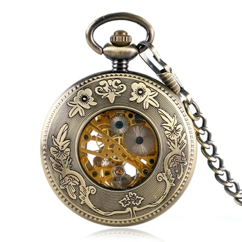 Brązowe mechaniczne zegarki kieszonkowe słodka mała złota rybka pokrywa krótki łańcuch urocze rybne zegarek prezent dla dzieci, chłopców, dziewcząt