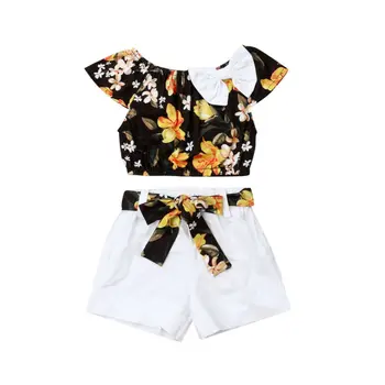 1-5T 2PCS Set Summer Baby Girl Outfits Flower Girls Top Kid T-shirt Solid Short Pant For Newborn