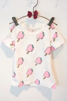 Letnia odzież dla dziewczynek zestaw kreskówka lody z krótkim rękawem, t-shirt w paski spodenki odzież Dziecięca zestaw rozdarta koszula bow zestaw