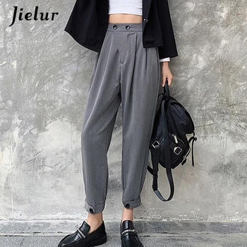 Jielur 2020 BF proste spodnie Damskie z wysokim stanem jesień nowy garnitur spodnie temat codziennych fajne szare czarne figi Femme S-XXL