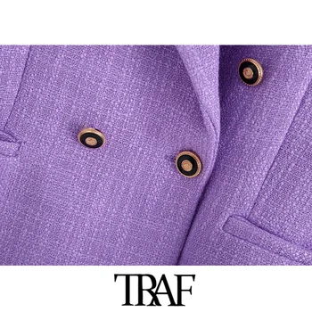 TRAF moda damska dwurzędowy tweedowa marynarka płaszcz vintage z długim rękawem kieszenie z tyłu otwór wentylacyjny Damskie kurtki eleganckie bluzki