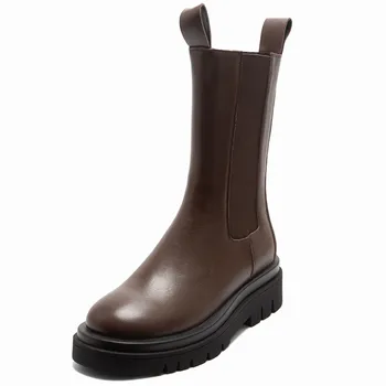 ANNYMOLI platforma Chelsea buty kobieta wysoki obcas buty do połowy łydki blok pięty Buty okrągłe toe buty Damskie jesień zima, czarny, brązowy