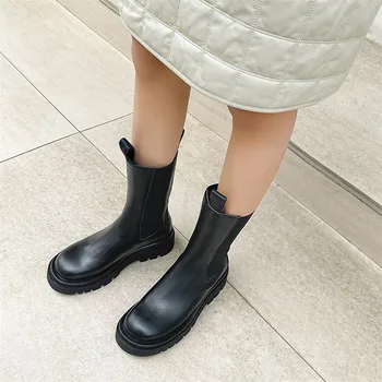 ANNYMOLI platforma Chelsea buty kobieta wysoki obcas buty do połowy łydki blok pięty Buty okrągłe toe buty Damskie jesień zima, czarny, brązowy