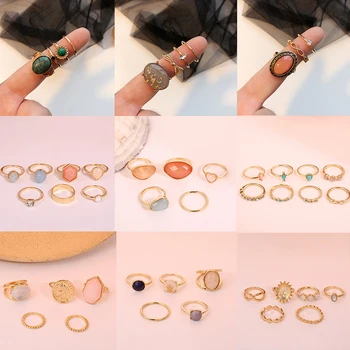 Brling 2020 New ins Bohemia Vintage Summer Fairy Friends Colorful Stone Metallic Fashion Finger Rings Korea Hit jewelry Sets