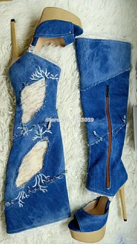 ALMUDENA Sexy Denim Blue Jean Boots Wood Sole Platform Open Toe Lace Flowers Patchwork wysokie buty do kolan, dekolt Kwiat buty