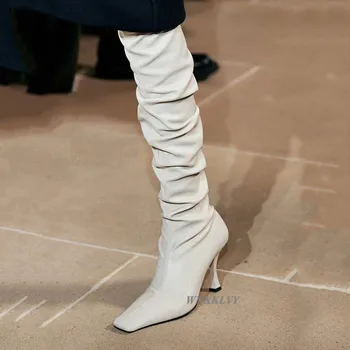 Buty powyżej kolana kobieta karbowany odcinek spaure toe cienkie wysokie obcasy lądowisko buty udo wysokie buty zimowe długie seksowne botki