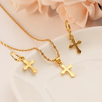 Krzyż naszyjnik zestaw kolczyk złoty kolor cattoliche ślub ślubny biżuteria boże Narodzenie prezent na urodziny dla kobiet
