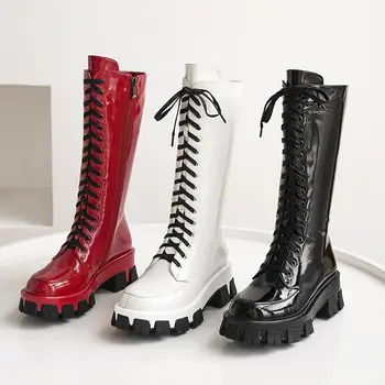 MORAZORA 2020 brand boots women lace up round toe platform knee high boots fashion solid color womens boots female