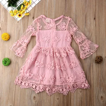 6M-5T Toddler Kids Girls Baby Princess Lace Dress Clothing Child Gir Cute Long Sleeve Party Mesh Pink Dress