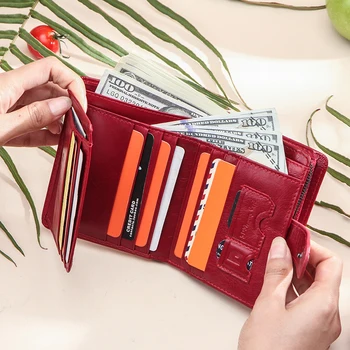 Kontaktowe portfele ze skóry naturalnej damskie portfele męskie krótkie małe karty Rfid uchwyt torebki damskie czerwone portfele Portfel Damski