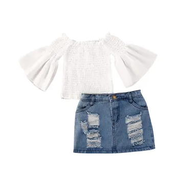2020 Moda Dziecięca Baby Girls Odzież Zestawy Flare Z Długim Rękawem Z Otwartymi Ramionami Topy+Jeansowe Spódniczki Mini
