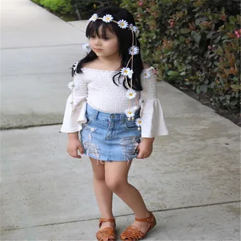 2020 Moda Dziecięca Baby Girls Odzież Zestawy Flare Z Długim Rękawem Z Otwartymi Ramionami Topy+Jeansowe Spódniczki Mini