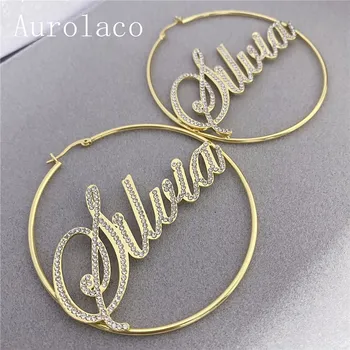 AurolaCo Kryształ nazwa kolczyki tabliczka niestandardowe hoop kolczyki osobowość własne imię kolczyki biżuteria dla kobiet prezenty