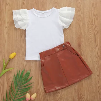 2020 New Summer Casual Children Sets Ruffles Short Sleeve T-shirt+skórzane spódnice Girls Clothing Sets Kids Casual Suit For 1-6 Y