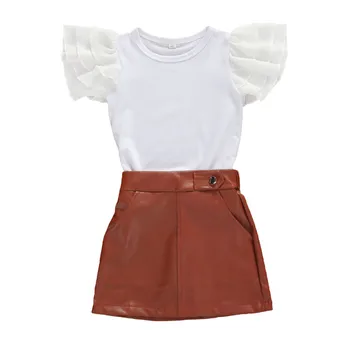 2020 New Summer Casual Children Sets Ruffles Short Sleeve T-shirt+skórzane spódnice Girls Clothing Sets Kids Casual Suit For 1-6 Y