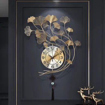 Nowe Chińskie Kute Żelazne Zegar Ścienny Gnkgo Leaf Zegary Ścienne Ścienne Tkaniny Główny Salon Ściany Malowane Rękodzieło Wejściowa Naklejki Ścienne Dekoracje