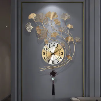 Nowe Chińskie Kute Żelazne Zegar Ścienny Gnkgo Leaf Zegary Ścienne Ścienne Tkaniny Główny Salon Ściany Malowane Rękodzieło Wejściowa Naklejki Ścienne Dekoracje