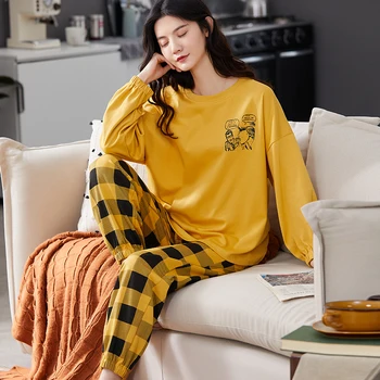 Wiosna Пижамный zestaw dla kobiet kreskówka kot drukowanych z długim rękawem O-neck koreański styl wygodny wypoczynek piżamy miękkie słodkie piżamy