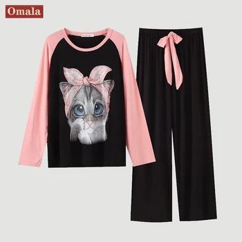 Wiosna Пижамный zestaw dla kobiet kreskówka kot drukowanych z długim rękawem O-neck koreański styl wygodny wypoczynek piżamy miękkie słodkie piżamy