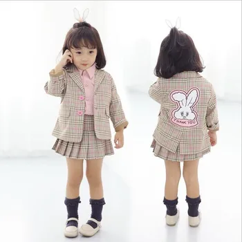 2018 jesienna moda Baby Girl zestaw ubrań 2 szt. kreskówka Królik kurtka+spódnica dzieci w kratkę garnitur marynarka dziecięcy strój ubrania dla dziewczyn