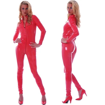Seksowne kostiumy plus rozmiar S-5XL czarny czerwony skóra ekologiczna kombinezon stretch Bodycon fetysz kot kostium mokry wygląd klub nocny kombinezon