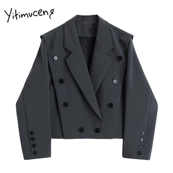 Yitimuceng Suit Blazer Coat Women Jesień 2020 Patchwork Krótkie Topy Двубортная Guzik Na Co Dzień Zębata Biurowe Lady Szary Krótki