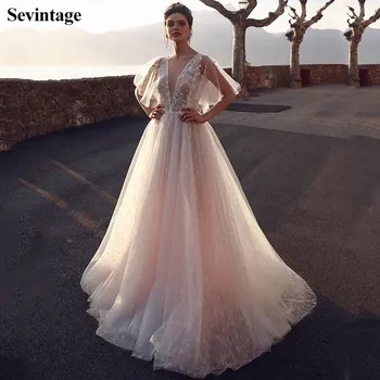 Sevintage Różowy V-Neck Boho Suknie Ślubne Krótkie Rękawy Oparcia Plaża Suknie Ślubne Kaplicy Pociąg Suknia 2020 Na Zamówienie