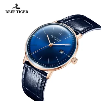 Reef Tiger/RT mężczyźni luksusowej marki zegarek automatyczny niebieski skórzany pasek różowe złoto dorywczo zegarki zegarek Relogio Masculino RGA8215