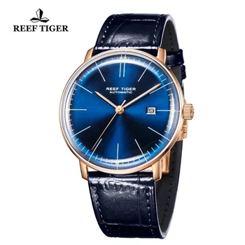 Reef Tiger/RT mężczyźni luksusowej marki zegarek automatyczny niebieski skórzany pasek różowe złoto dorywczo zegarki zegarek Relogio Masculino RGA8215