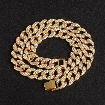Hip-hop-2 szt. zestaw Miami Krawężnik kubańska łańcuch naszyjnik 13-15 mm złoto oblodzonych wyściełane rhinestone CZ Bling raper naszyjnik mężczyźni biżuteria